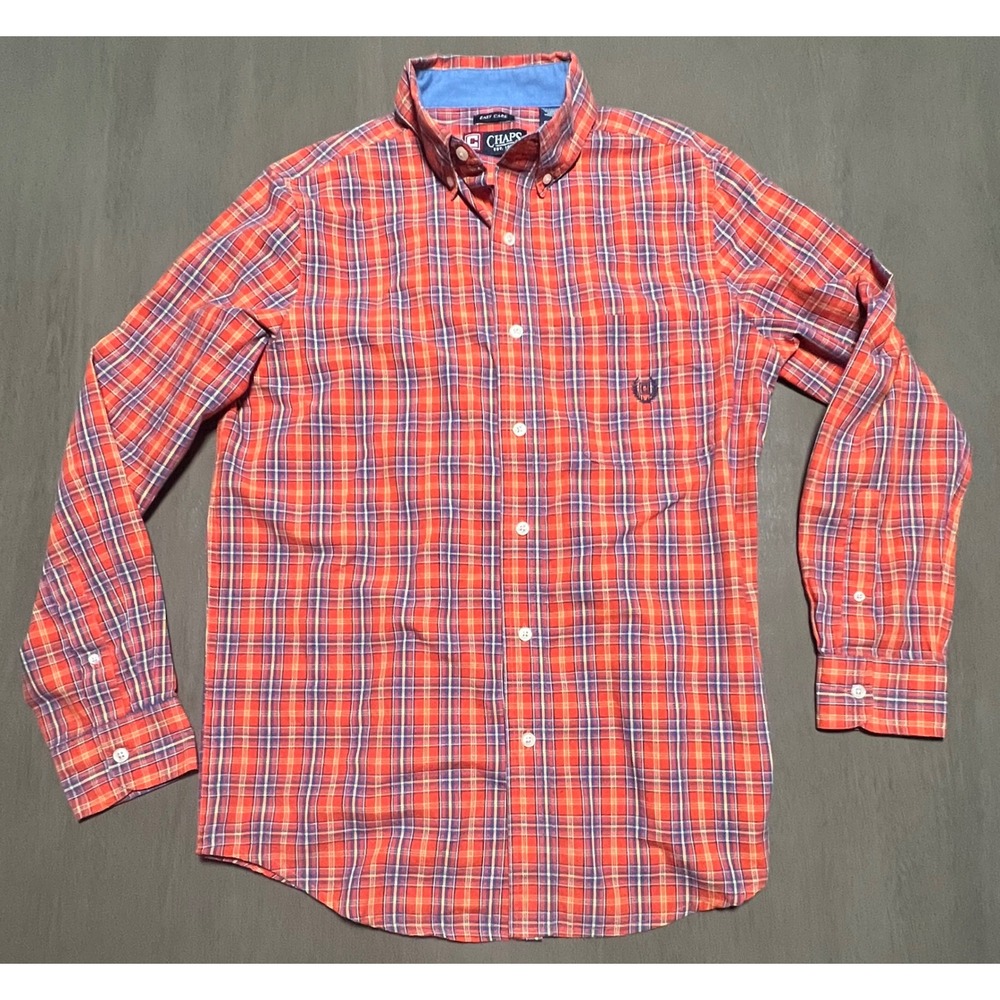 Chaps Mens Small Easy Care Plaid Button Down Shirt Red Blue Long Sleeve 70709